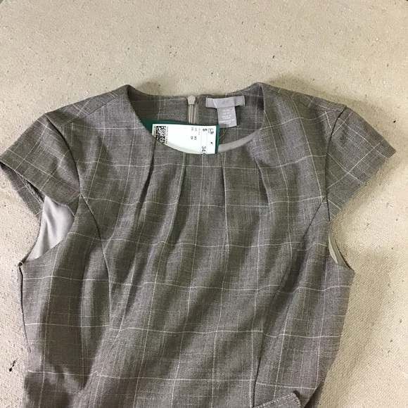 H&M Sheath Dress Women XS Taupe Windowpane Plaid Knee Length Cap Sleeves - Picture 5 of 8